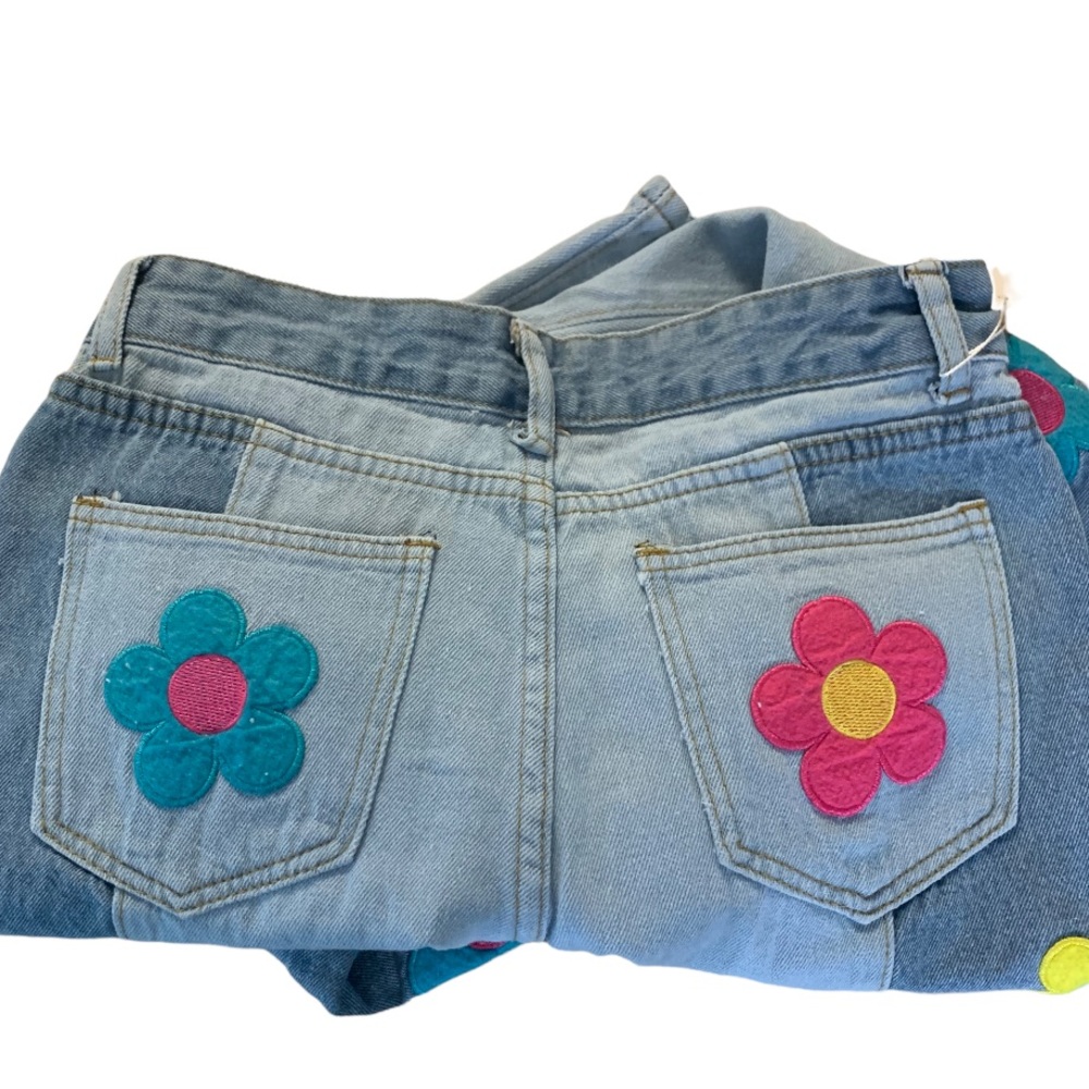 Fashion Lounge Blue Flower Hippie Embroidery Patchwork Flare High Waisted Jeans - Picture 10 of 16